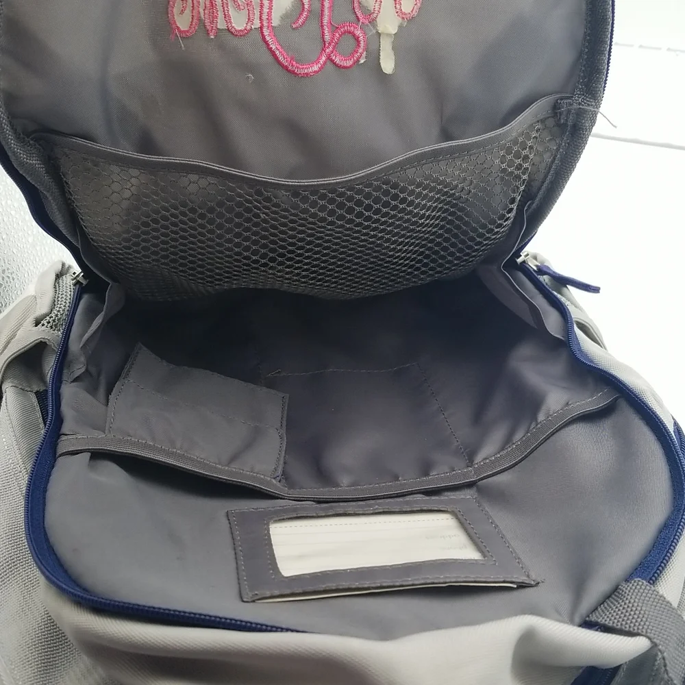 Pottery Barn Kids Fairfax Gray/White Stripe Navy Trim Small Backpack rLm